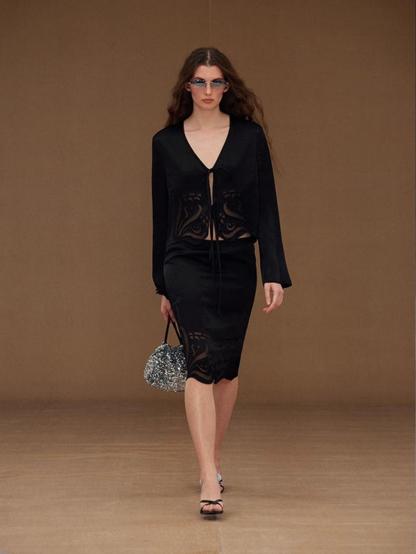 Satin Cutout Burnout Elastic Waist Midi Skirt