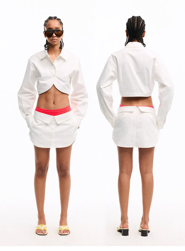 Curved Hem Long-sleeved Cropped Shirt