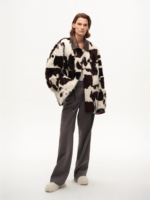 Retro Checkerboard Lapel Fur Coat