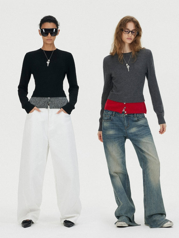 Fake Two-piece Contrasting Color Crew Neck Sweater「NEW」