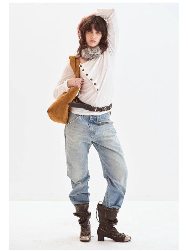 Vintage Tencel Linen Textured Irregular Horn Button Knit Top