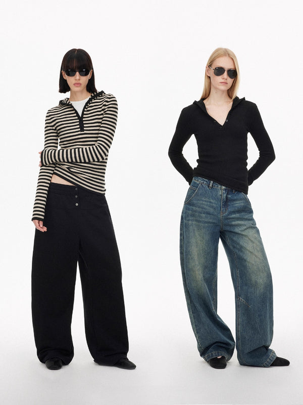 Henley Neck Hooded Slim Fit Knit Top
