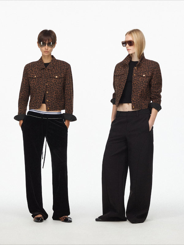 Retro Distressed Leopard Print Lapel Denim Jacket