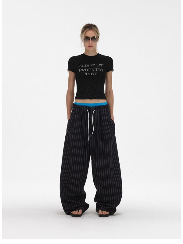 Drawstring Elastic Waist Classic Striped Casual Wide Leg Pants
