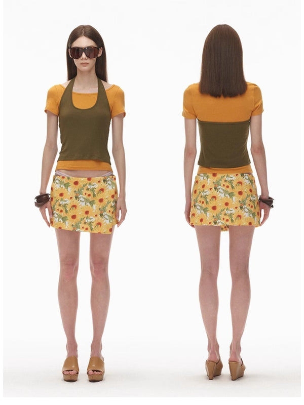 Sunflower Watercolor Print Paneled Mini Skirt