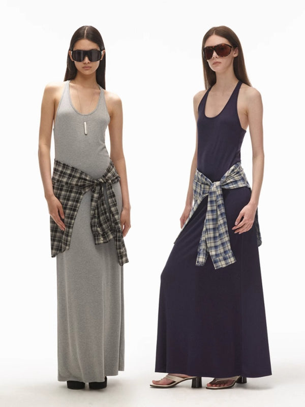Plaid Tank Shirt Tie Waist Maxi Dress