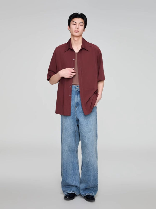 Vintage Brick Red Drop Shoulder Casual Short Sleeve Shirt