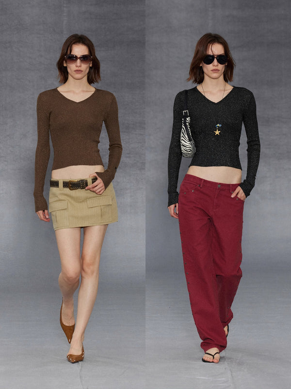 Shiny Starry V Neck Slim Knitted Top