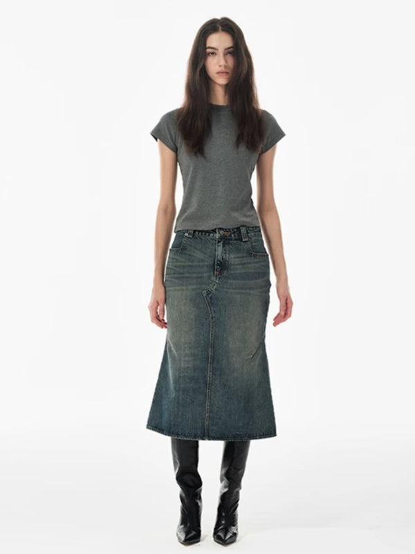 Vintage Washed Denim Fishtail Skirt