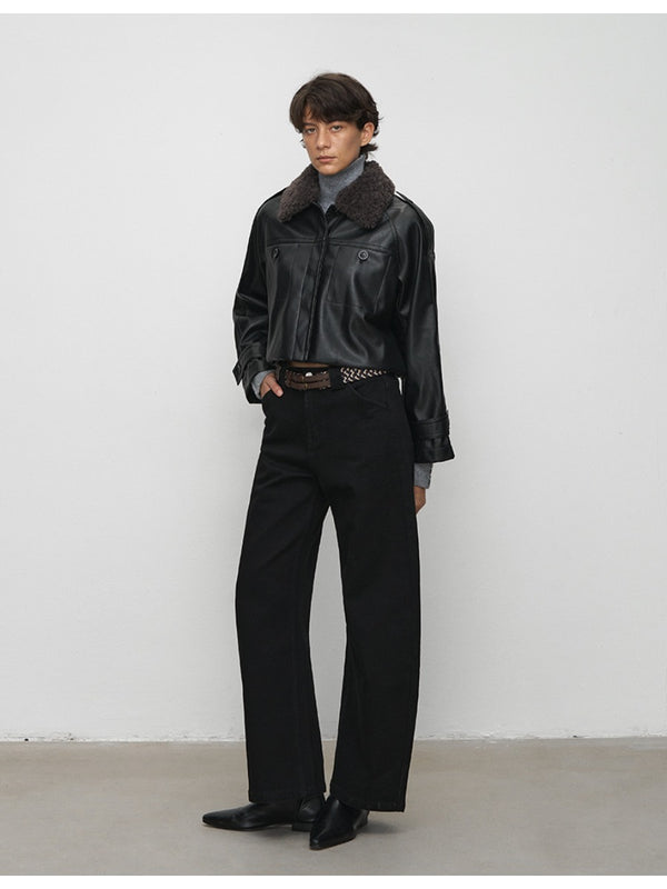 Retro Silhouette Fur-collar Leather Short Jacket