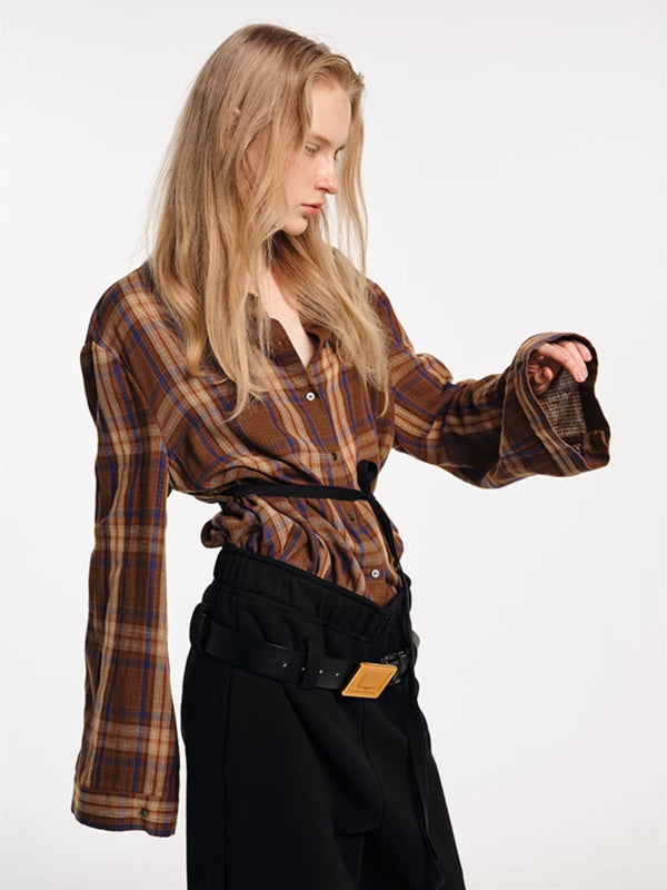 Water Sleeve Plaid Strappy Shirt