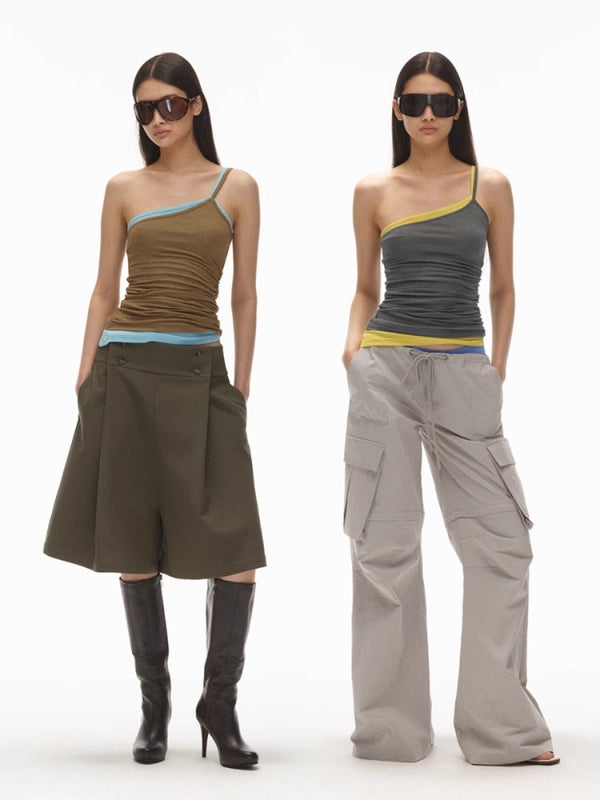 Contrast Layered One Shoulder Ruched Tank Top