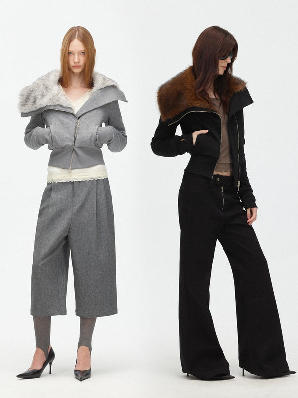 Faux Fur Collar Fleece Lined Asymmetric Zip Padded Jacket