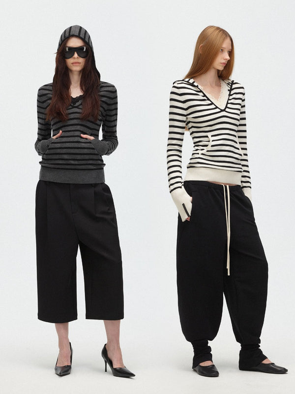 Deep V-Neck Striped Hooded Knitted Top