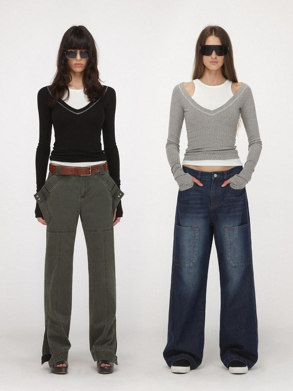 V-neck Long-sleeved Two-piece Knitwear