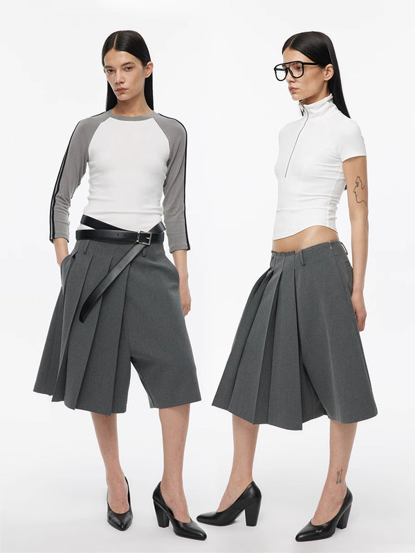 Asymmetrical Pleated Slanted Bermuda Shorts