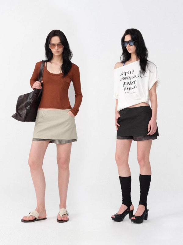 Irregular Pocket Faux Two-piece Design Skirt Pants