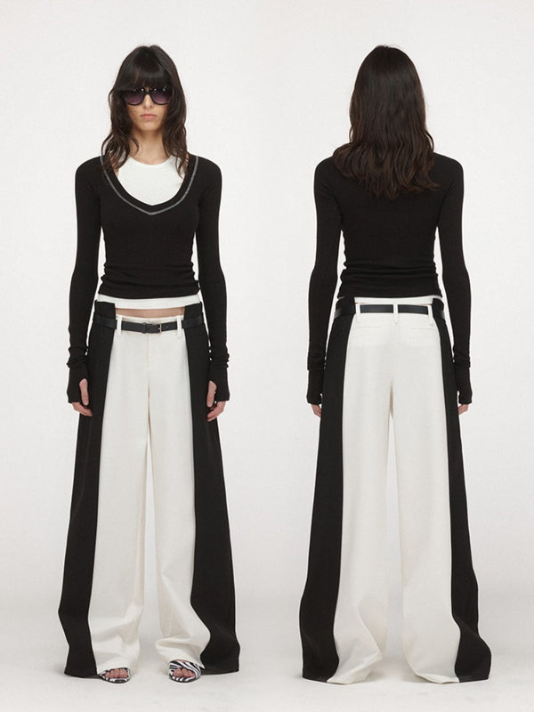 Black and White Splicing Low-waist Wide-leg Pants