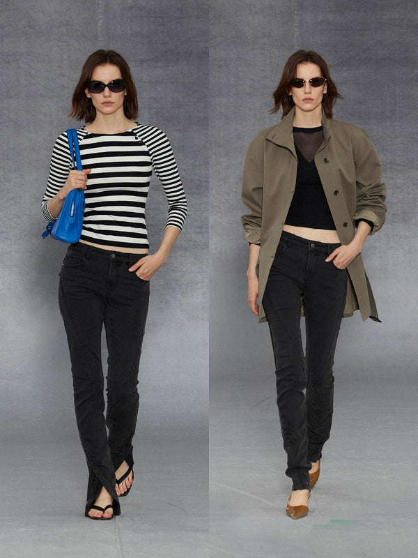 Ankle Zipper Slit Detail Slim Straight Leg Jeans