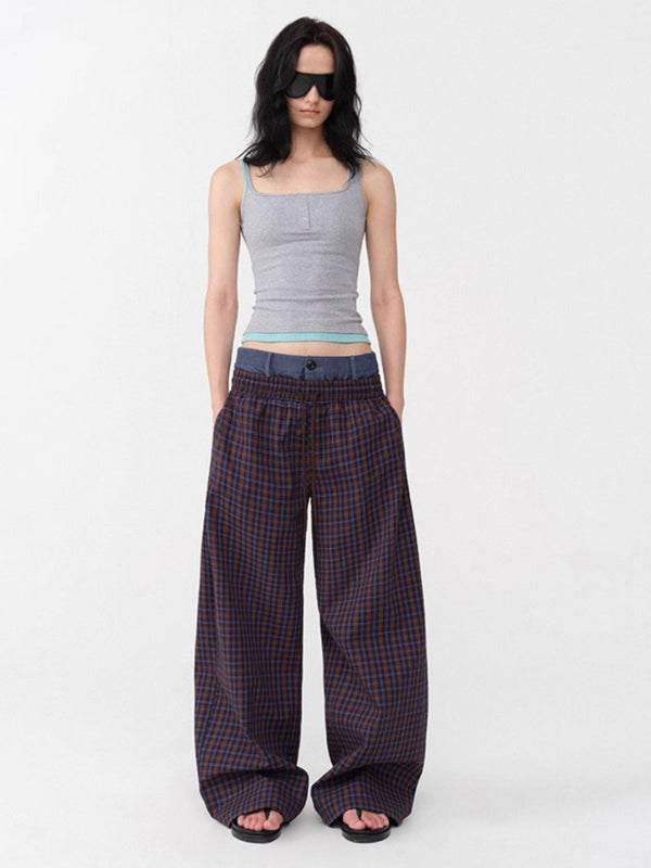 Denim Splicing Double Waist Wide Leg Plaid Pants