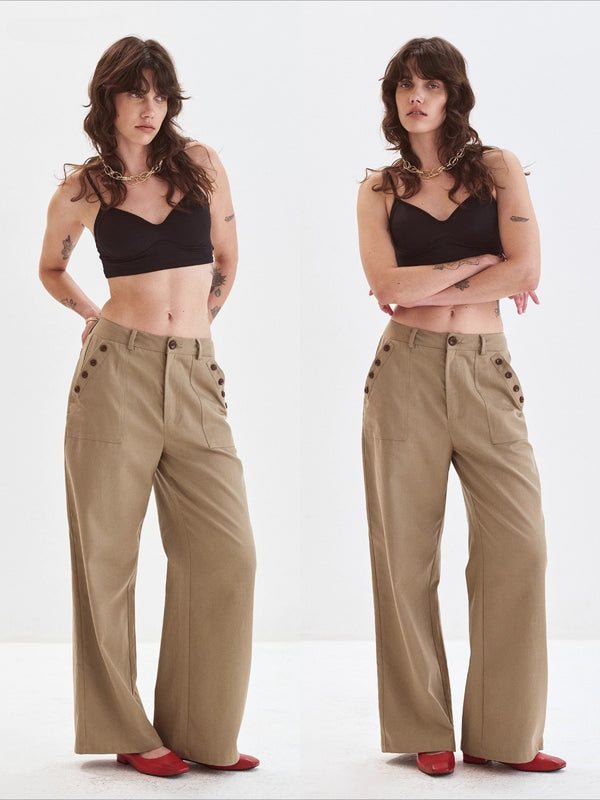 Button-up Tencel Straight Wide-Leg Pants「NEW」