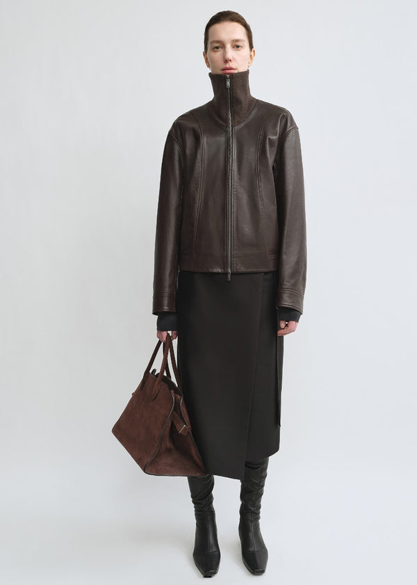 Knitted Collar Leather Coat