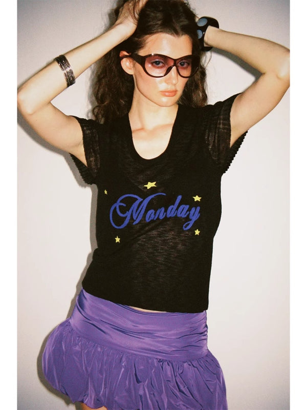 Slub Knit Crew Neck Embroidered Letter T Shirt