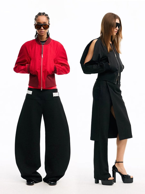 Zip-up Cropped Bomber Jacket with Curved Shoulders