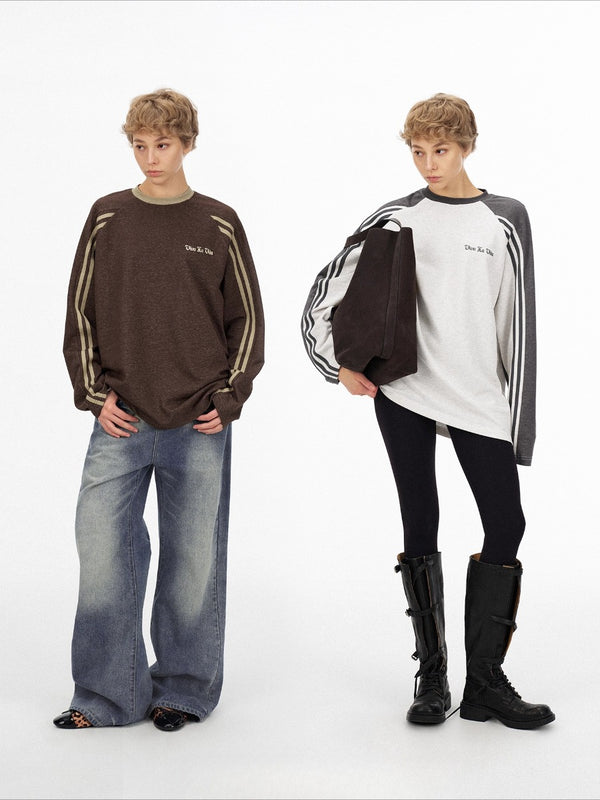 Striped Oversized Printed Long-sleeved Top「NEW」