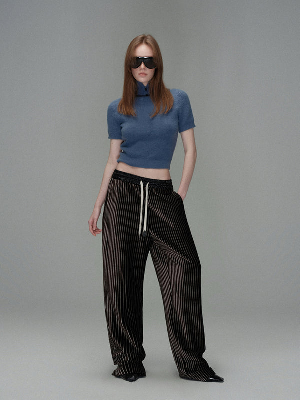 Black and White Striped Velvet Pants