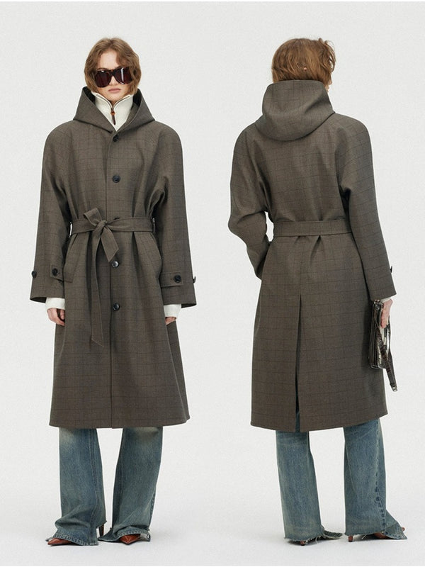 Hooded Curved Shoulder Plaid Long Trench Coat「NEW」