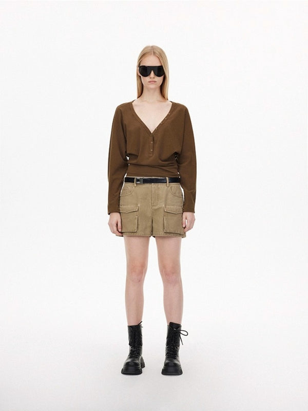 Washed Effect Multi Pocket Cargo Shorts