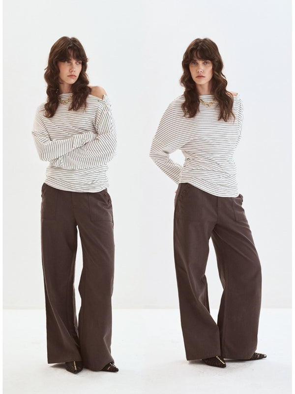 Striped Off Shoulder Shell Button Knit Top「NEW」