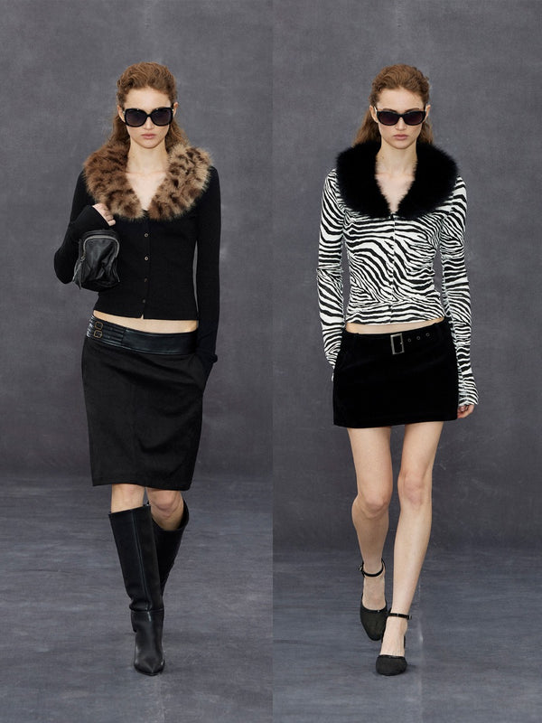 V-neck Contrast Color Fur-collar Knitted Top