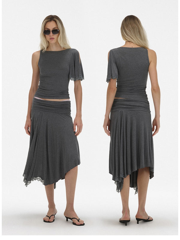 Irregular Lace Edge Pleated Skirt