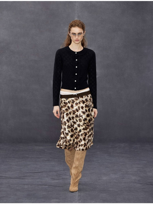 Elastic Waist Leopard Print Velvet A-shaped Midi Skirt「NEW」