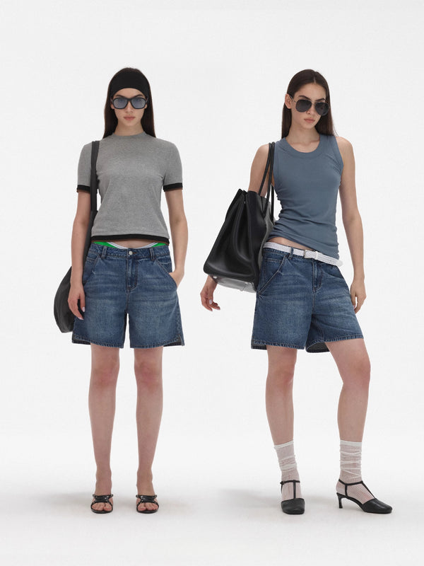 Washed Irregular Low-rise Denim Cropped Pants