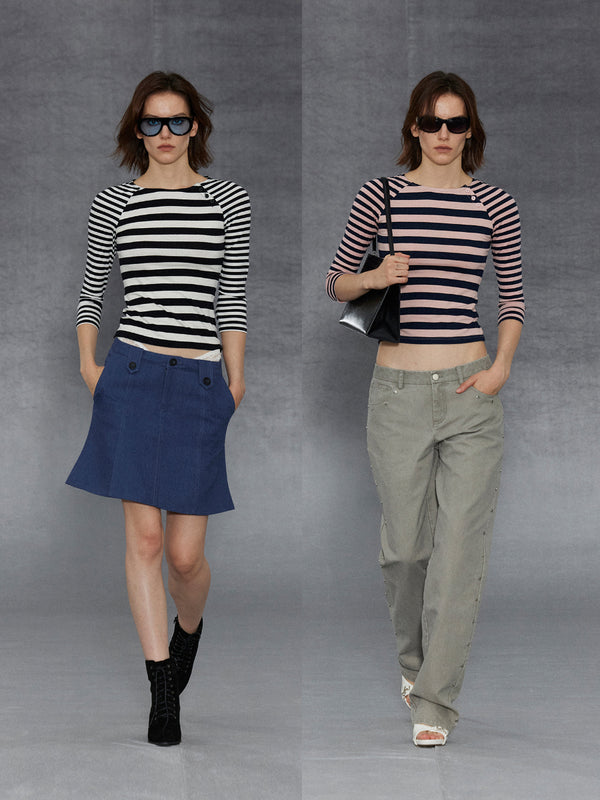 Retro Stripe Asymmetric Placket Three Quarter Sleeve T-shirt