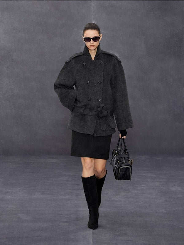 Lapel Curved Shoulders Short Wool Coat「NEW」