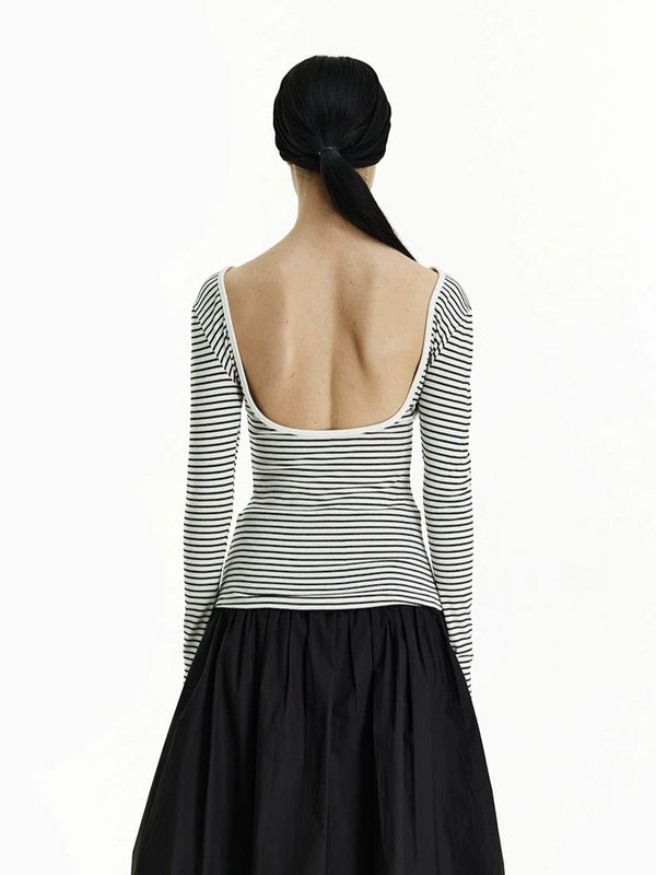 Striped Open-back Design Long-sleeved Knitted Top