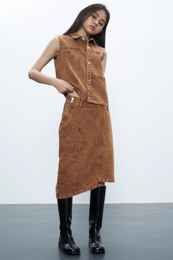 Brown Asymmetric Skirt Set