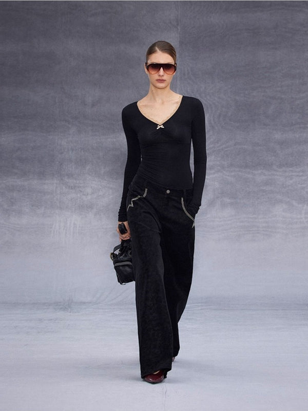 Embroidered Low-rise Wide-leg Leather Pants「NEW」