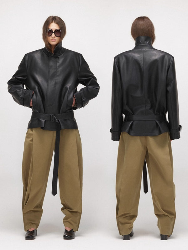 Wide-shoulder Lapel Leather Jacket