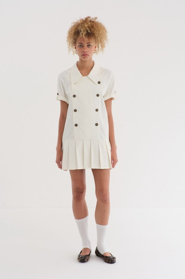 Creamy White Double-breasted Pleated Dress