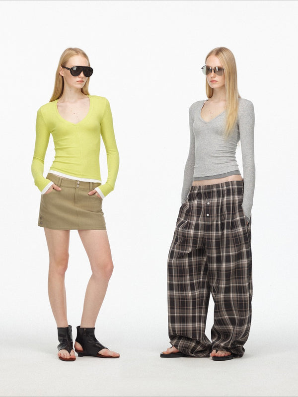 V-neck Contrast Color Fake Two-piece Long-sleeve Shirt