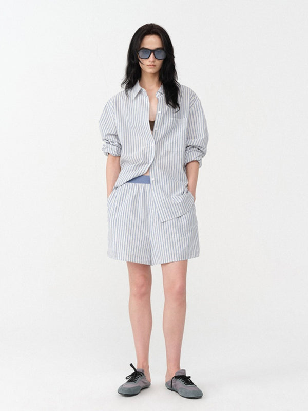 Relaxed Loose Fit Cotton Linen Striped Shirt