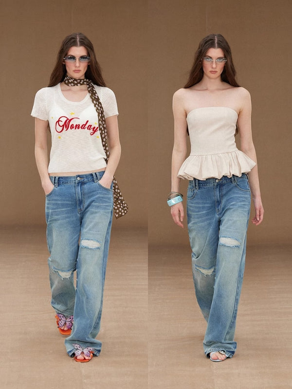 Vintage Star Patch Ripped Straight Jeans