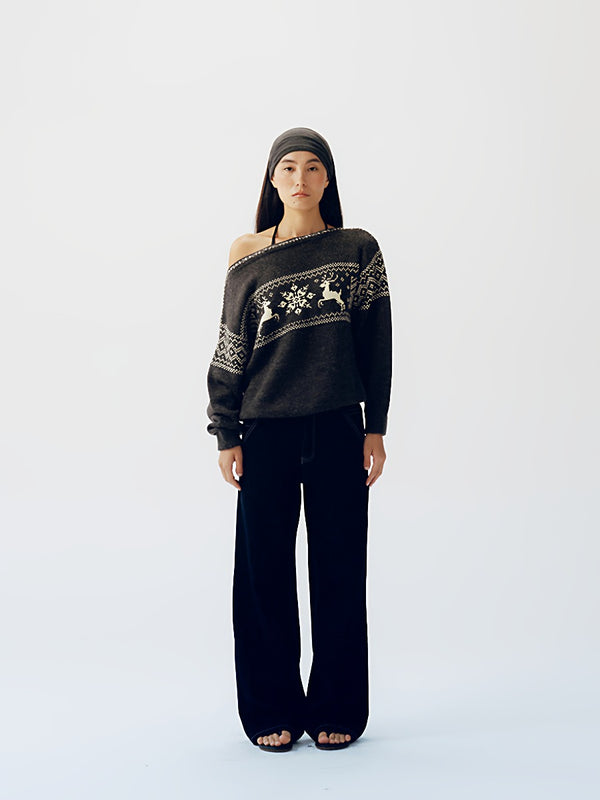 Retro Off-Shoulder Fair Island Loose Sweater