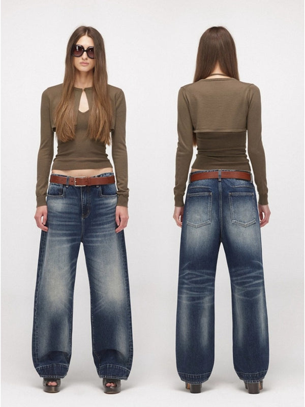 Dark Blue Washed Wide-leg Jeans