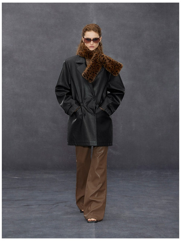 Double-breasted Drawstring Lapel Leather Coat